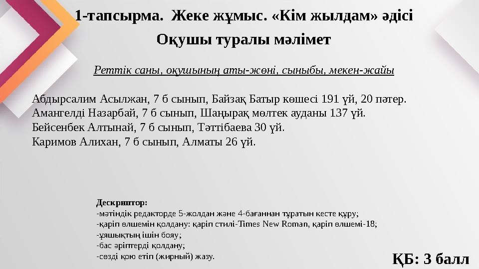 1-тапсырма. Жеке жұмыс. «Кім жылдам» әдісі Оқушы туралы мәлімет Реттік саны, оқушының аты-жөні, сыныбы, мекен-жайы Абдырсалим А