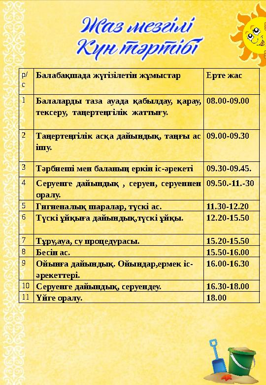 р/ с Балабақшада жүгізілетін жұмыстар Ерте жас 1Балаларды таза ауада қабылдау, қарау, тексеру, таңертеңгілік жаттығу. 08.00-0