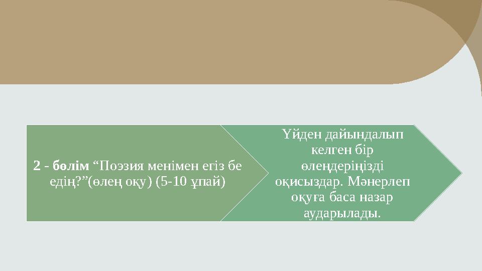 2 - бөлім “Поэзия менімен егіз бе едің?”(өлең оқу) (5-10 ұпай) Үйден дайындалып келген бір өлеңдеріңізді оқисыздар. Мәнерл