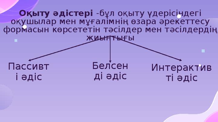 Оқыту әдістері -бұл оқыту үдерісіндегі оқушылар мен мұғалімнің өзара әрекеттесу формасын көрсететін тәсілдер мен тәсілдердің