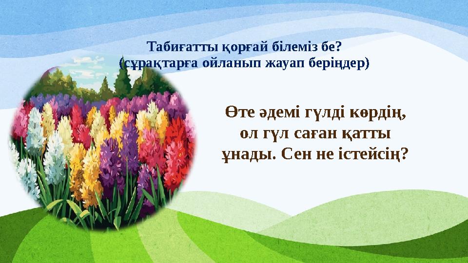 Өте әдемі гүлді көрдің, ол гүл саған қатты ұнады. Сен не істейсің? Табиғатты қорғай білеміз бе? (сұрақтарға ойланып жауап бері Өте әдемі гүлді көрдің, ол гүл саған қатты ұнады. Сен не істейсің? Табиғатты қорғай білеміз бе? (сұрақтарға ойланып жауап бері