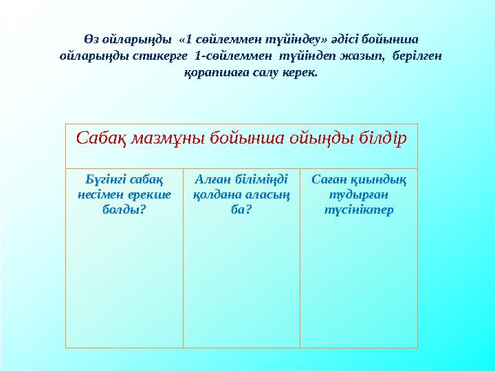 Сабақ мазмұны бойынша ойыңды білдір Бүгінгі сабақ несімен ерекше болды? Алған біліміңді қолдана аласың ба? Саған қиын