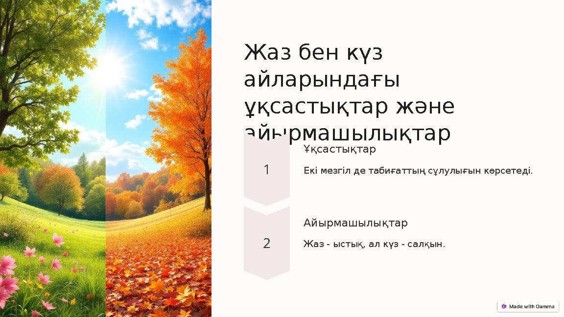 Жаз бен күз айларындағы ұқсастықтар және айырмашылықтар Ұқсастықтар Екі мезгіл де табиғаттың сұлулығын көрсетеді. Айырмашылық