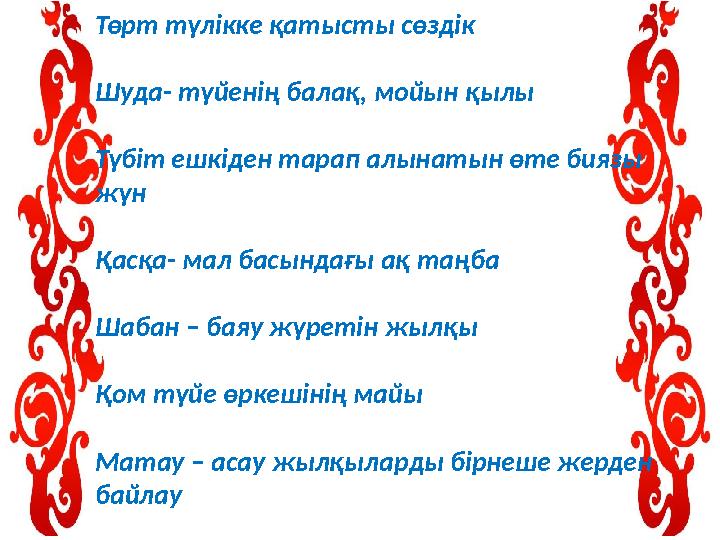 Төрт түлікке қатысты сөздік Шуда- түйенің балақ, мойын қылы Түбіт ешкіден тарап алынатын өте биязы жүн Қасқа- мал басындағы ақ