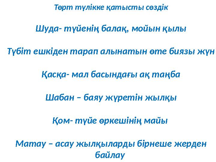 Төрт түлікке қатысты сөздік Шуда- түйенің балақ, мойын қылы Түбіт ешкіден тарап алынатын өте биязы жүн Қасқа- мал басындағы ақ т