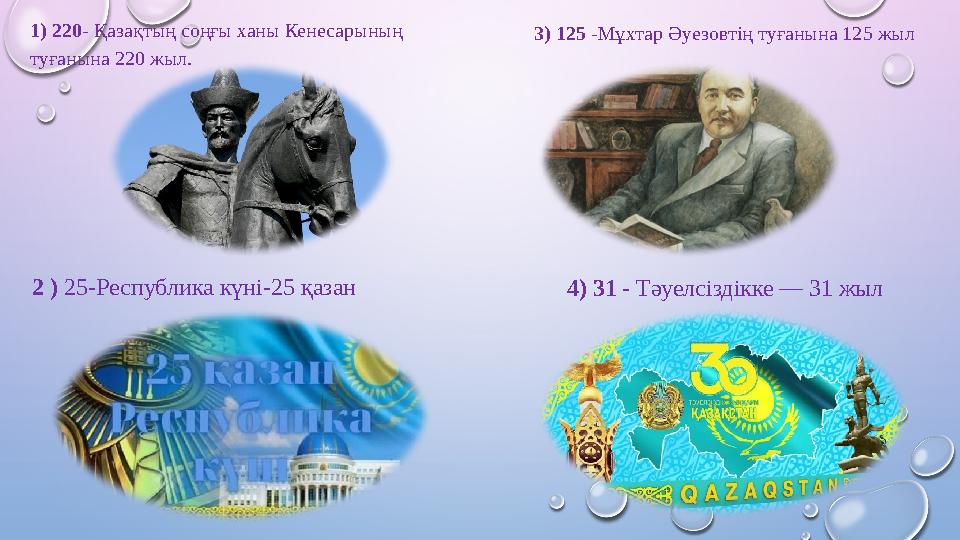 4) 31 - Тәуелсіздікке — 31 жыл 1) 220- Қазақтың соңғы ханы Кенесарының туғанына 220 жыл. 2 ) 25-Республика күні-25 қазан 3) 12