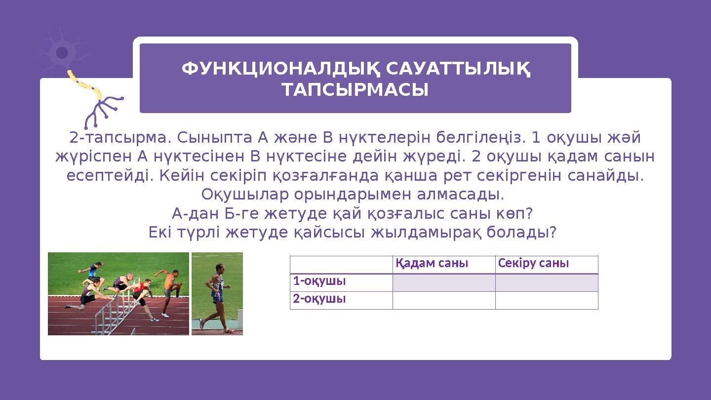 ФУНКЦИОНАЛДЫҚ САУАТТЫЛЫҚ ТАПСЫРМАСЫ 2-тапсырма. Сыныпта А және В нүктелерін белгілеңіз. 1 оқушы жәй жүріспен А нүктесінен В нү