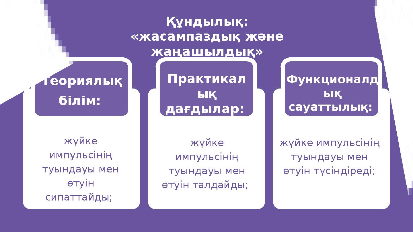 Теориялық білім: Практикал ық дағдылар: Функционалд ық сауаттылық: Құндылық: «жасампаздық және жаңашылдық» жүйке импульс
