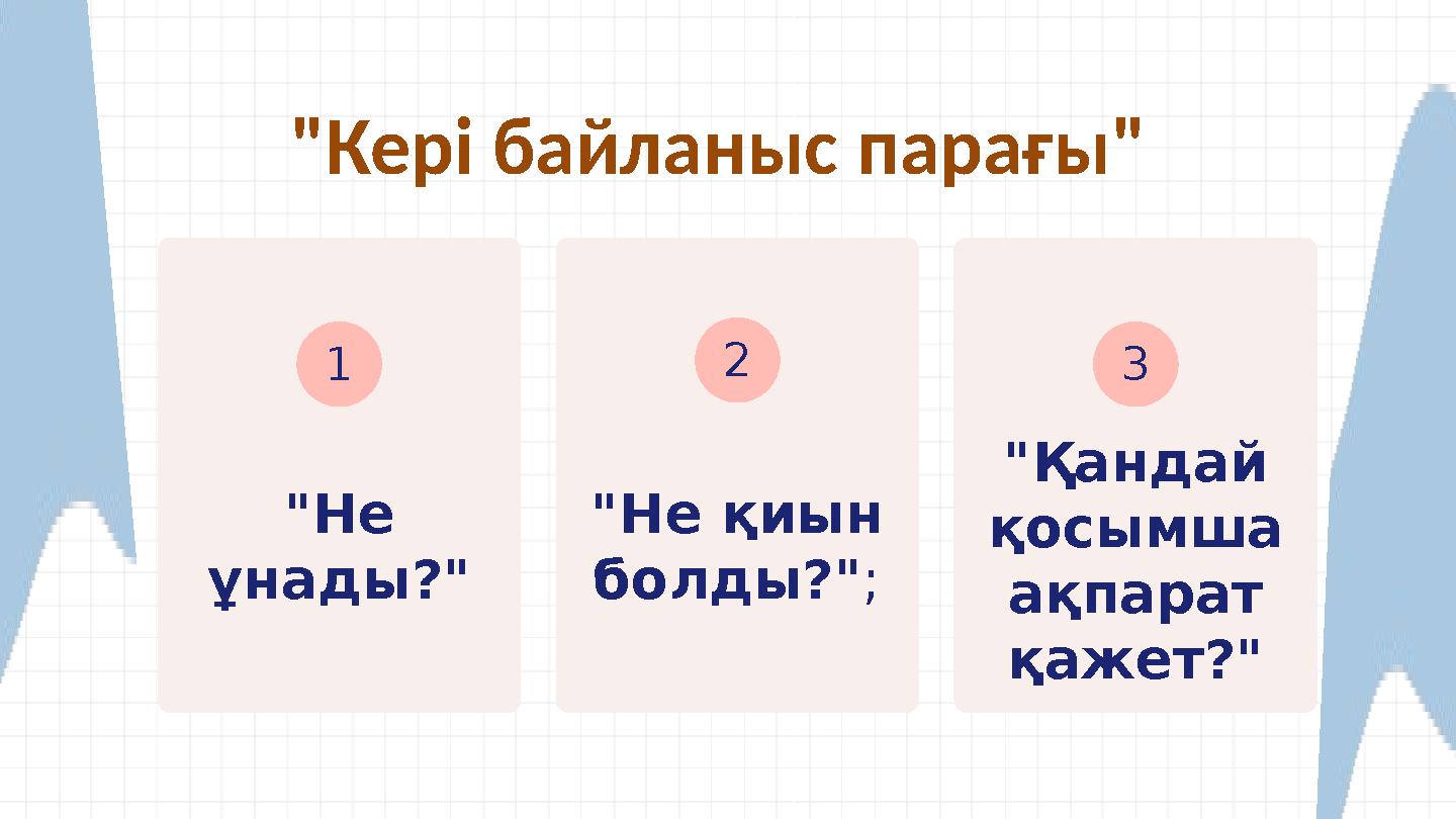 "Не ұнады?" 1 "Не қиын болды?"; 2 "Қандай қосымша ақпарат қажет?" 3 "Кері байланыс парағы"