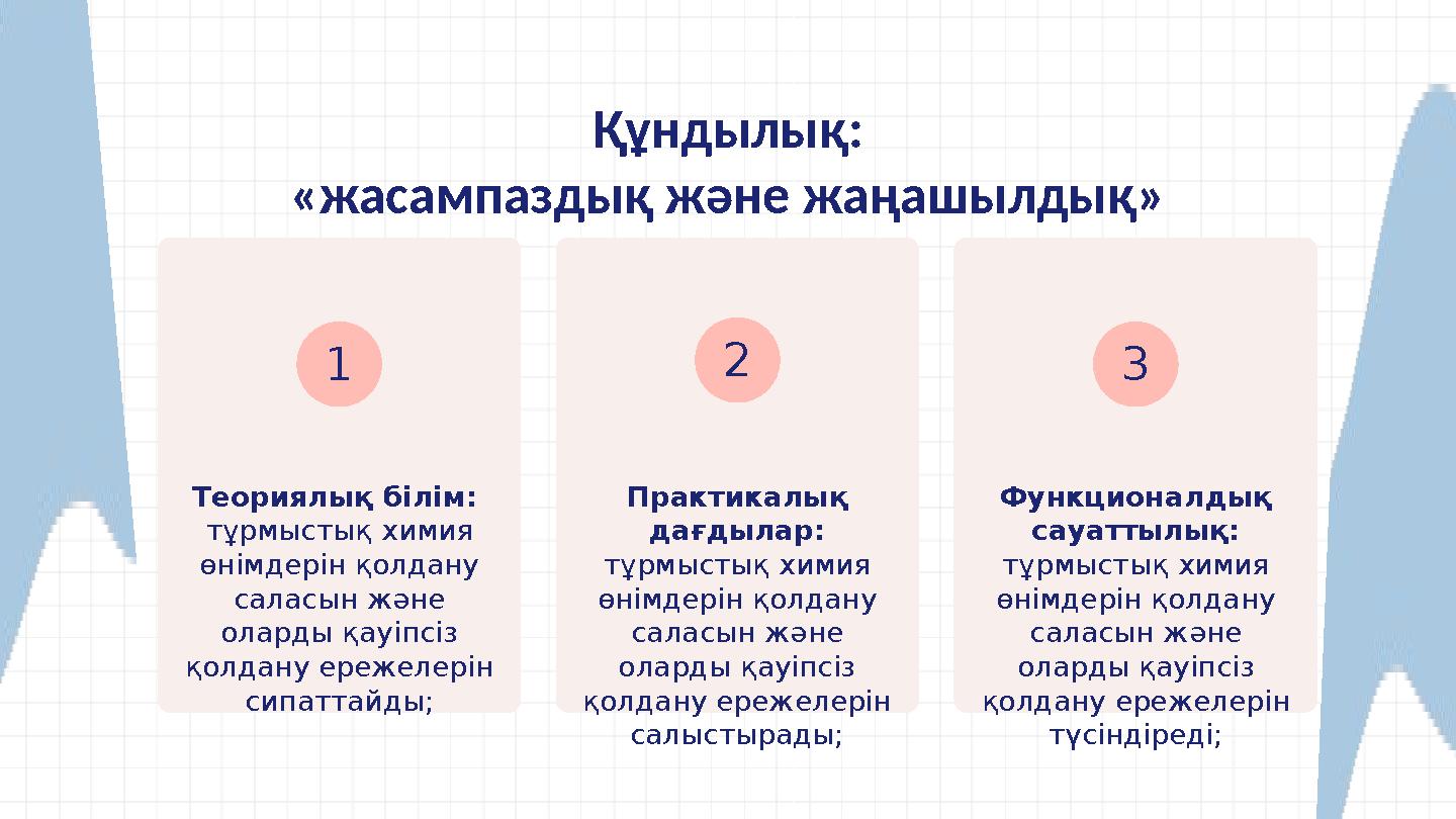 Теориялық білім: тұрмыстық химия өнімдерін қолдану саласын және оларды қауіпсіз қолдану ережелерін сипаттайды; 1 Практи
