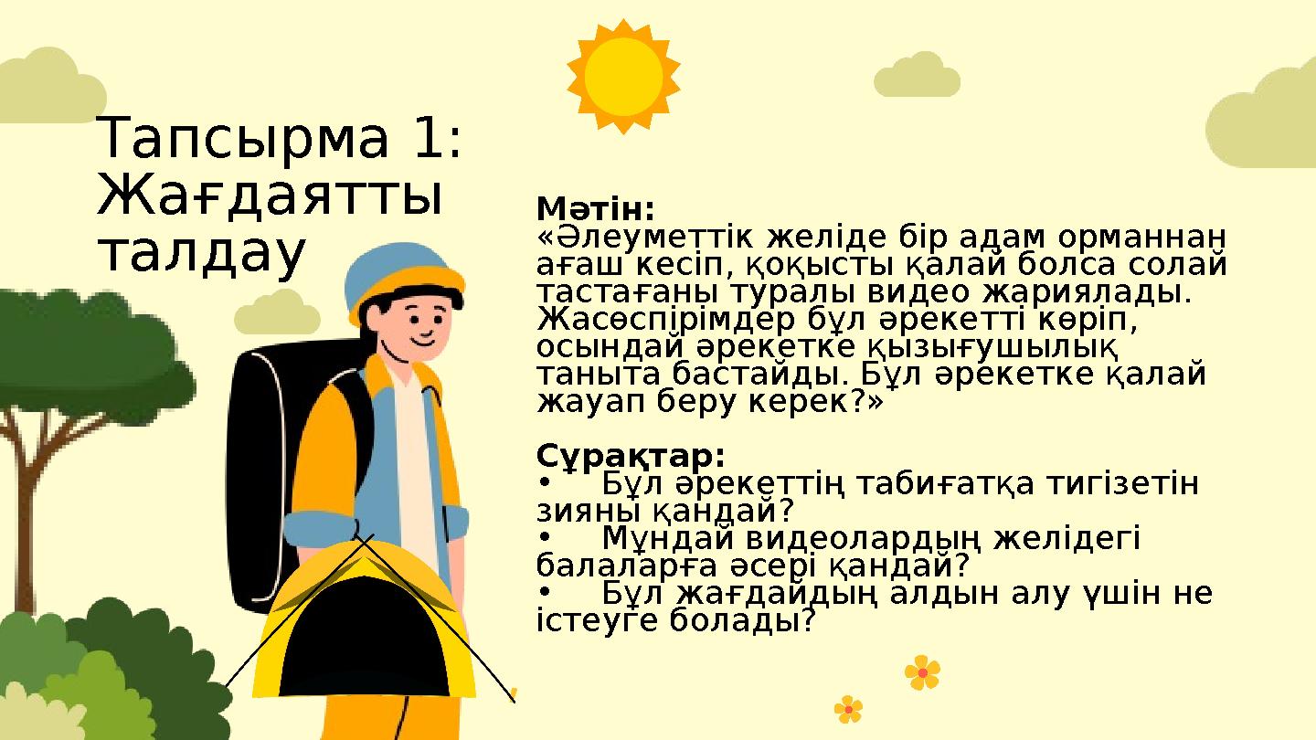 Мәтін: «Әлеуметтік желіде бір адам орманнан ағаш кесіп, қоқысты қалай болса солай тастағаны туралы видео жариялады. Жасөспірі