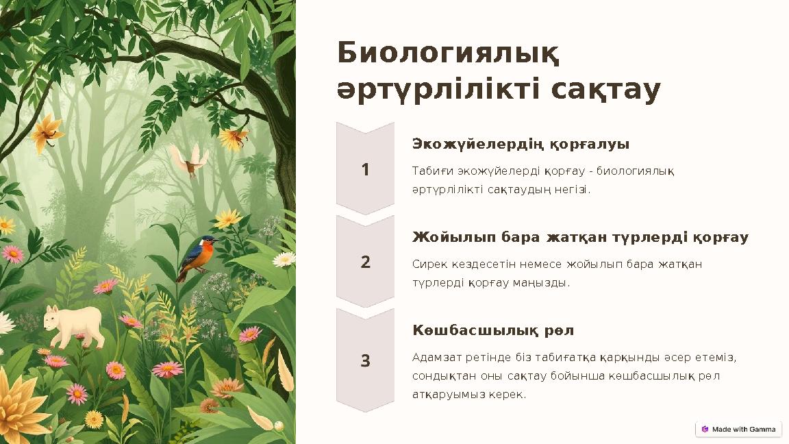 Биологиялық әртүрлілікті сақтау Экожүйелердің қорғалуы Табиғи экожүйелерді қорғау - биологиялық әртүрлілікті сақтаудың негізі. Биологиялық әртүрлілікті сақтау Экожүйелердің қорғалуы Табиғи экожүйелерді қорғау - биологиялық әртүрлілікті сақтаудың негізі.