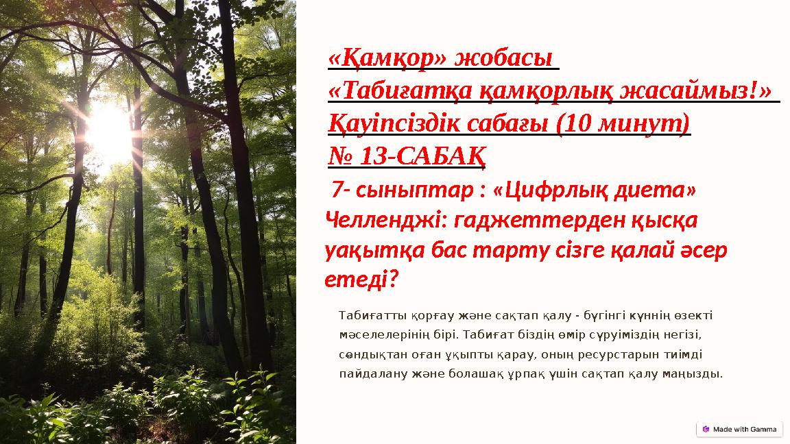 «Қамқор» жобасы «Табиғатқа қамқорлық жасаймыз!» Қауіпсіздік сабағы (10 минут) № 13-САБАҚ 7- сыныптар : «Цифрлық диета» Челле «Қамқор» жобасы «Табиғатқа қамқорлық жасаймыз!» Қауіпсіздік сабағы (10 минут) № 13-САБАҚ 7- сыныптар : «Цифрлық диета» Челле