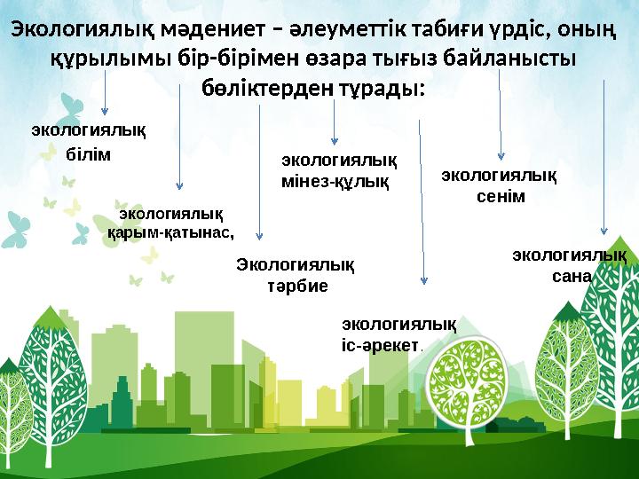 Экологиялық мәдениет – әлеуметтік табиғи үрдіс, оның құрылымы бір-бірімен өзара тығыз байланысты бөліктерден тұрады: экологиял