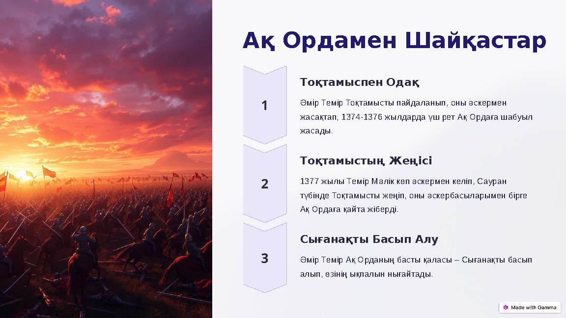 Ақ Ордамен Шайқастар Тоқтамыспен Одақ Әмір Темір Тоқтамысты пайдаланып, оны әскермен жасақтап, 1374-1376 жылдарда үш рет Ақ Ор