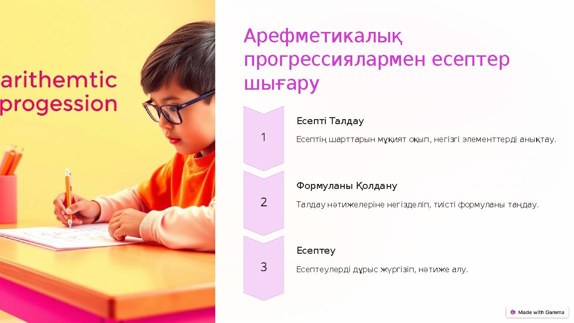 Арефметикалық прогрессиялармен есептер шығару Есепті Талдау Есептің шарттарын мұқият оқып, негізгі элементтерді анықтау. Форм