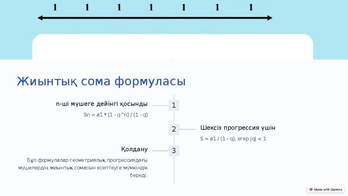 Жиынтық сома формуласы 1 n-ші мүшеге дейінгі қосынды Sn = a1 * (1 - q^n) / (1 - q) 2 Шексіз прогрессия үшін S = a1 / (1 - q), ег