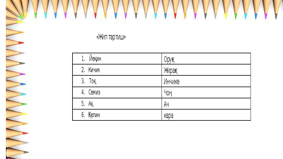 «Жип тартиш» 1. Йеқин Оруқ 2. Кичик Жирақ 3. Тоқ Инчикә 4. Семиз Чоң 5. Ақ Ач 6. Қелин кар