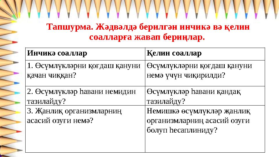 Тапшурма. Жәдвәлдә берилгән инчикә вә қелин соалларға жавап бериңлар. Инчикә соаллар Қелин соаллар 1. Өсүмлүкләрни қоғдаш қану