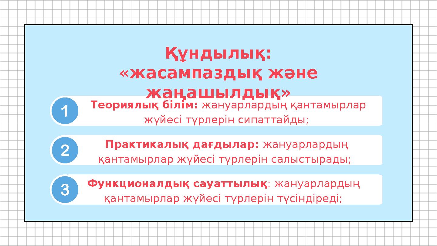 Теориялық білім: жануарлардың қантамырлар жүйесі түрлерін сипаттайды; Практикалық дағдылар: жануарлардың қантамырлар жүйесі т Теориялық білім: жануарлардың қантамырлар жүйесі түрлерін сипаттайды; Практикалық дағдылар: жануарлардың қантамырлар жүйесі т