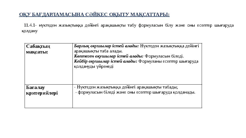 ОҚУ БАҒДАРЛАМАСЫНА СӘЙКЕС ОҚЫТУ МАҚСАТТАРЫ: 11.4.1- нүктеден жазықтыққа дейінгі арақашықты табу формуласын білу және оны есепте ОҚУ БАҒДАРЛАМАСЫНА СӘЙКЕС ОҚЫТУ МАҚСАТТАРЫ: 11.4.1- нүктеден жазықтыққа дейінгі арақашықты табу формуласын білу және оны есепте