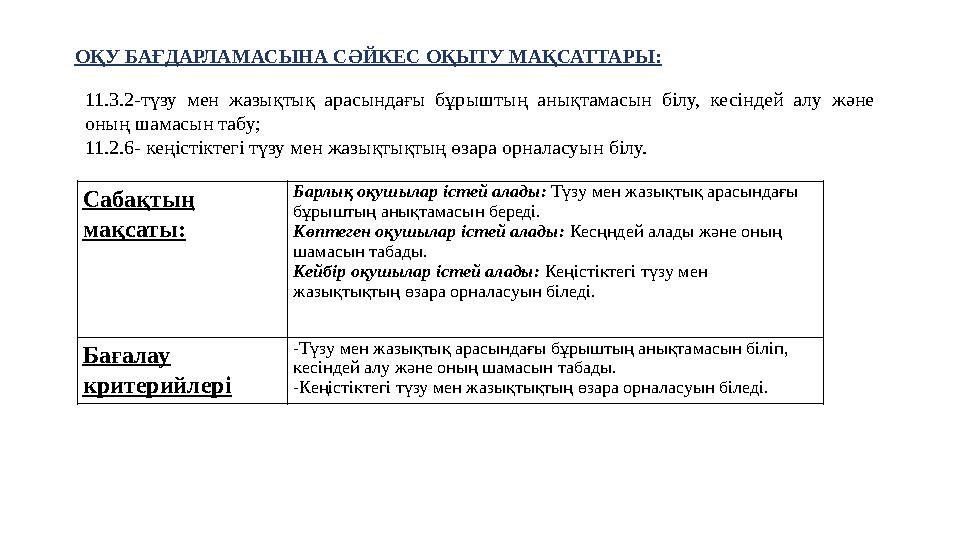 ОҚУ БАҒДАРЛАМАСЫНА СӘЙКЕС ОҚЫТУ МАҚСАТТАРЫ: 11.3.2-түзу мен жазықтық арасындағы бұрыштың анықтамасын білу, кесіндей алу және он ОҚУ БАҒДАРЛАМАСЫНА СӘЙКЕС ОҚЫТУ МАҚСАТТАРЫ: 11.3.2-түзу мен жазықтық арасындағы бұрыштың анықтамасын білу, кесіндей алу және он