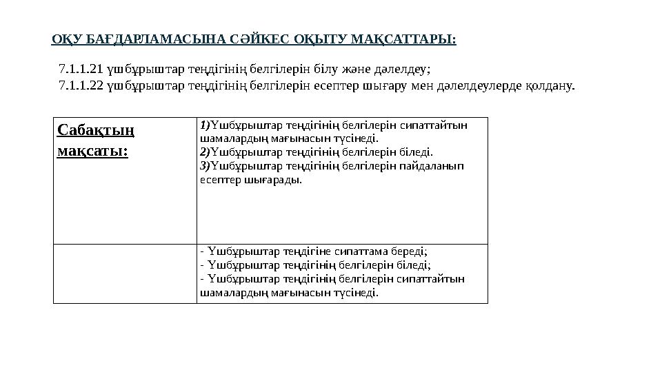 ОҚУ БАҒДАРЛАМАСЫНА СӘЙКЕС ОҚЫТУ МАҚСАТТАРЫ: 7.1.1.21 үшбұрыштар теңдігінің белгілерін білу және дәлелдеу; 7.1.1.22 үшбұрыштар те ОҚУ БАҒДАРЛАМАСЫНА СӘЙКЕС ОҚЫТУ МАҚСАТТАРЫ: 7.1.1.21 үшбұрыштар теңдігінің белгілерін білу және дәлелдеу; 7.1.1.22 үшбұрыштар те