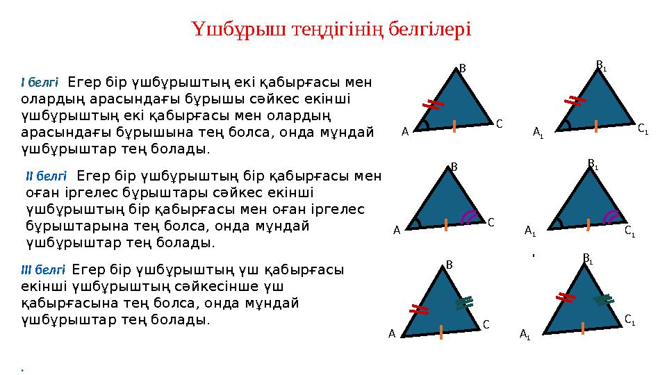 І белгі Егер бір үшбұрыштың екі қабырғасы мен олардың арасындағы бұрышы сәйкес екінші үшбұрыштың екі қабырғасы мен олардың І белгі Егер бір үшбұрыштың екі қабырғасы мен олардың арасындағы бұрышы сәйкес екінші үшбұрыштың екі қабырғасы мен олардың