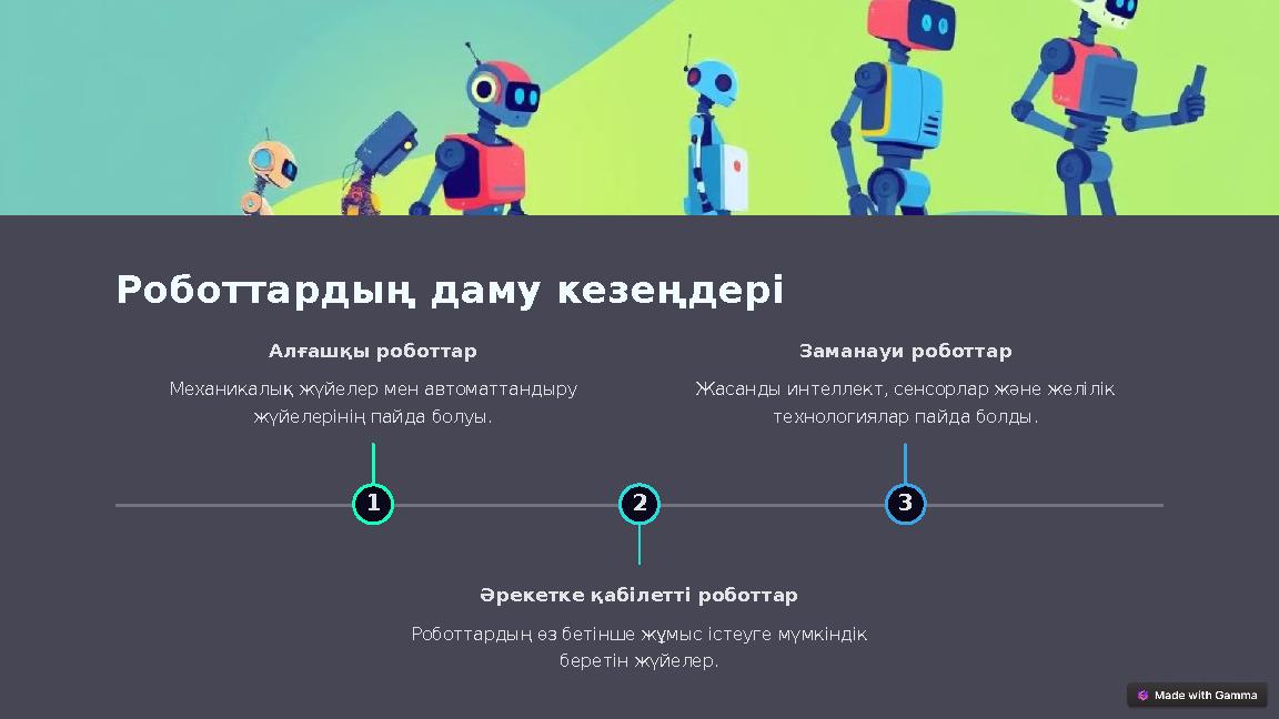 Роботтардың даму кезеңдері 1 Алғашқы роботтар Механикалық жүйелер мен автоматтандыру жүйелерінің пайда болуы. 2 Әрекетке қабі