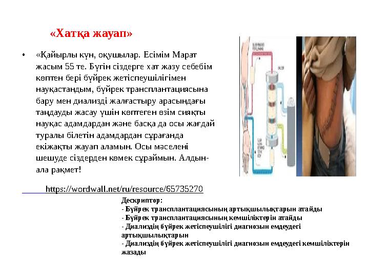 «Хатқа жауап» •«Қайырлы күн, оқушылар. Есімім Марат жасым 55 те. Бүгін сіздерге хат жазу себебім көптен бері бүйрек ж
