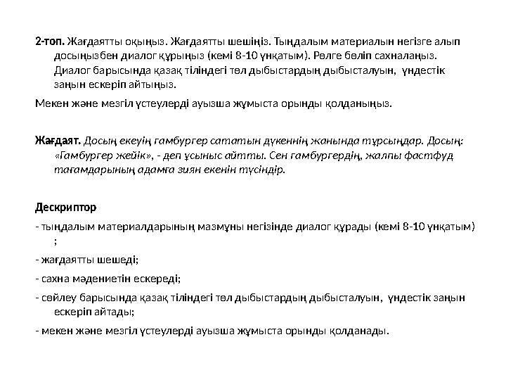 2-топ. Жағдаятты оқыңыз. Жағдаятты шешіңіз. Тыңдалым материалын негізге алып досыңызбен диалог құрыңыз (кемі 8-10 үнқатым). Рөл
