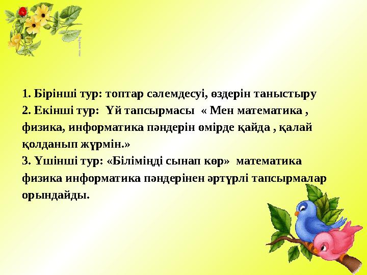 1. Бірінші тур: топтар сәлемдесуі, өздерін таныстыру 2. Екінші тур: Үй тапсырмасы « Мен математика , физика, информатика пәнд