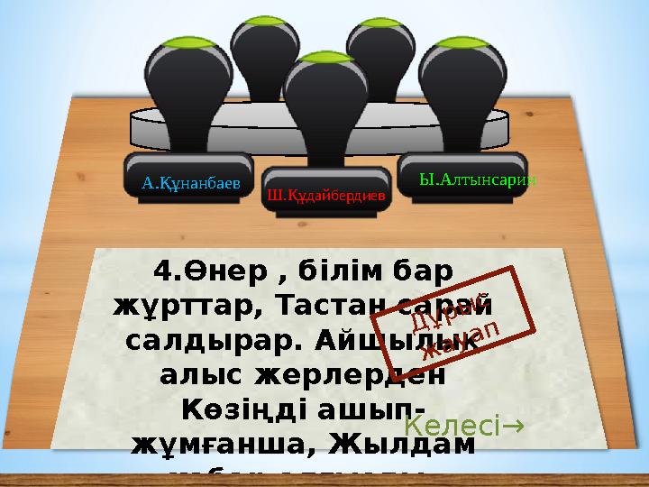 А.Құнанбаев Ш.Құдайбердиев 4.Өнер , білім бар жұрттар, Тастан сарай салдырар. Айшылық алыс жерлерден Көзіңді ашып- жұмғанш