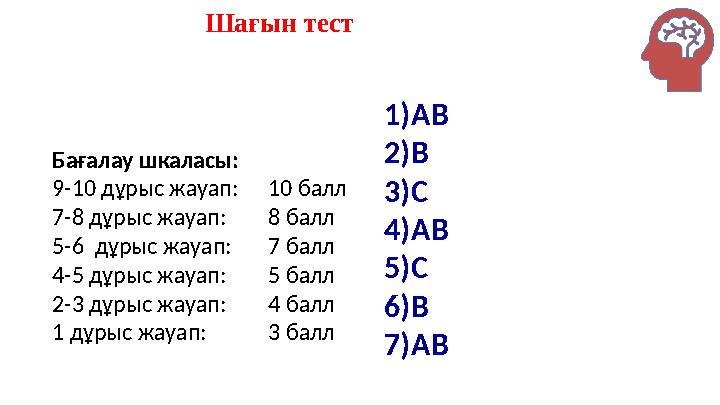 Шағын тест 1)АВ 2)В 3)С 4)АВ 5)С 6)В 7)АВ Бағалау шкаласы: 9-10 дұрыс жауап: 10 балл 7-8 дұрыс жауап: 8 балл 5-6 дұрыс жауап: Шағын тест 1)АВ 2)В 3)С 4)АВ 5)С 6)В 7)АВ Бағалау шкаласы: 9-10 дұрыс жауап: 10 балл 7-8 дұрыс жауап: 8 балл 5-6 дұрыс жауап: