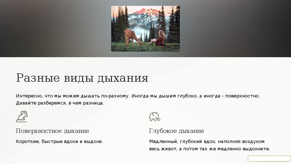 Разные виды дыхания Интересно, что мы можем дышать по-разному. Иногда мы дышим глубоко, а иногда - поверхностно. Давайте разбе