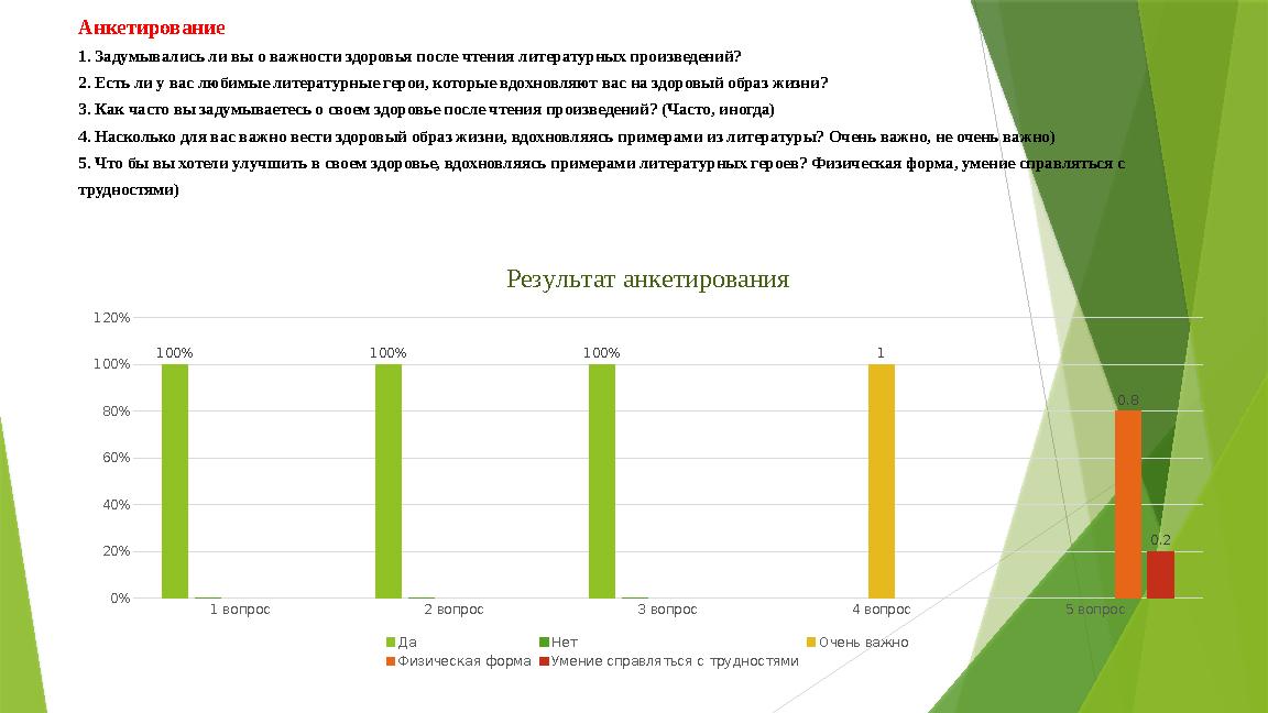 Анкетирование 1. Задумывались ли вы о важности здоровья после чтения литературных произведений? 2. Есть ли у вас