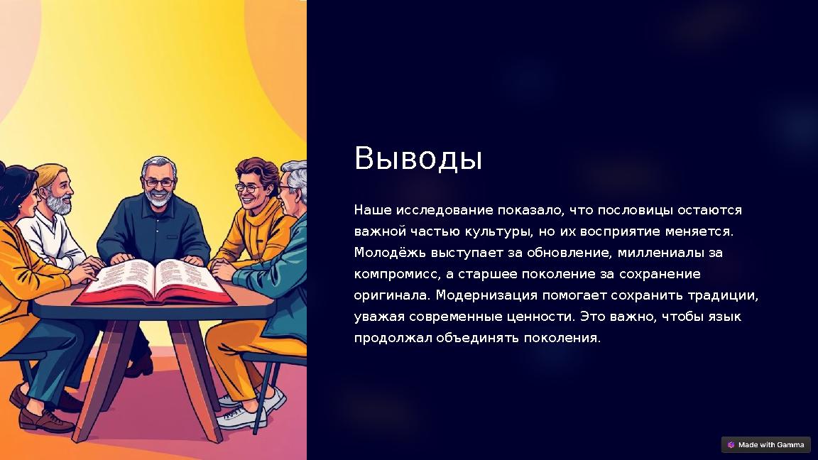 Выводы Наше исследование показало, что пословицы остаются важной частью культуры, но их восприятие меняется. Молодёжь выступа Выводы Наше исследование показало, что пословицы остаются важной частью культуры, но их восприятие меняется. Молодёжь выступа