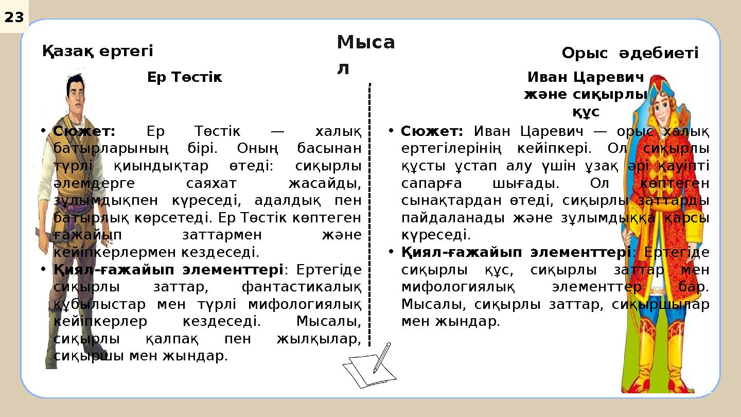 23 Мыса л Қазақ ертегі Орыс әдебиеті Ер Төстік •Сюжет: Ер Төстік — халық батырларының бірі. Оның басынан түрлі қиындықтар өте 23 Мыса л Қазақ ертегі Орыс әдебиеті Ер Төстік •Сюжет: Ер Төстік — халық батырларының бірі. Оның басынан түрлі қиындықтар өте