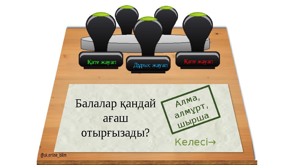 Қате жауап Қате жауап Балалар қандай ағаш отырғызады? Алма, алмұрт, шырша Келесі→ Дұрыс жауап
