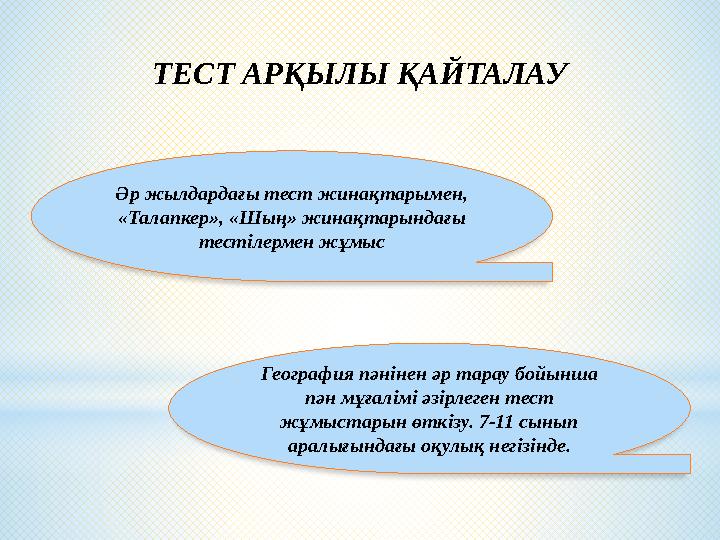 ТЕСТ АРҚЫЛЫ ҚАЙТАЛАУ Әр жылдардағы тест жинақтарымен, «Талапкер», «Шың» жинақтарындағы тестілермен жұмыс География пәнінен әр