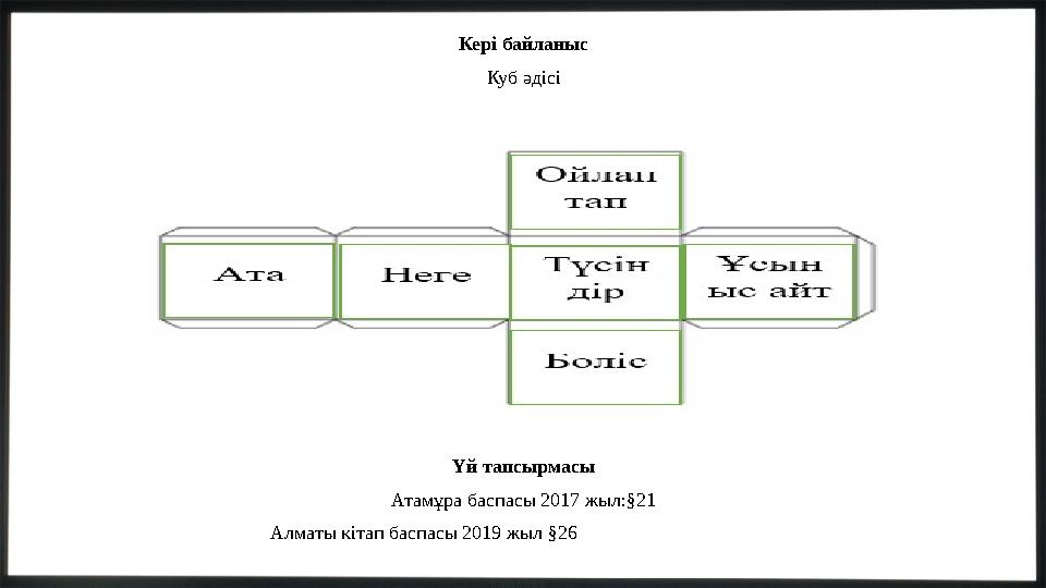 Кері байланыс Куб әдісі Үй тапсырмасы Атамұра баспасы 2017 жыл:§21 Алматы кітап баспасы 2019 жыл §26