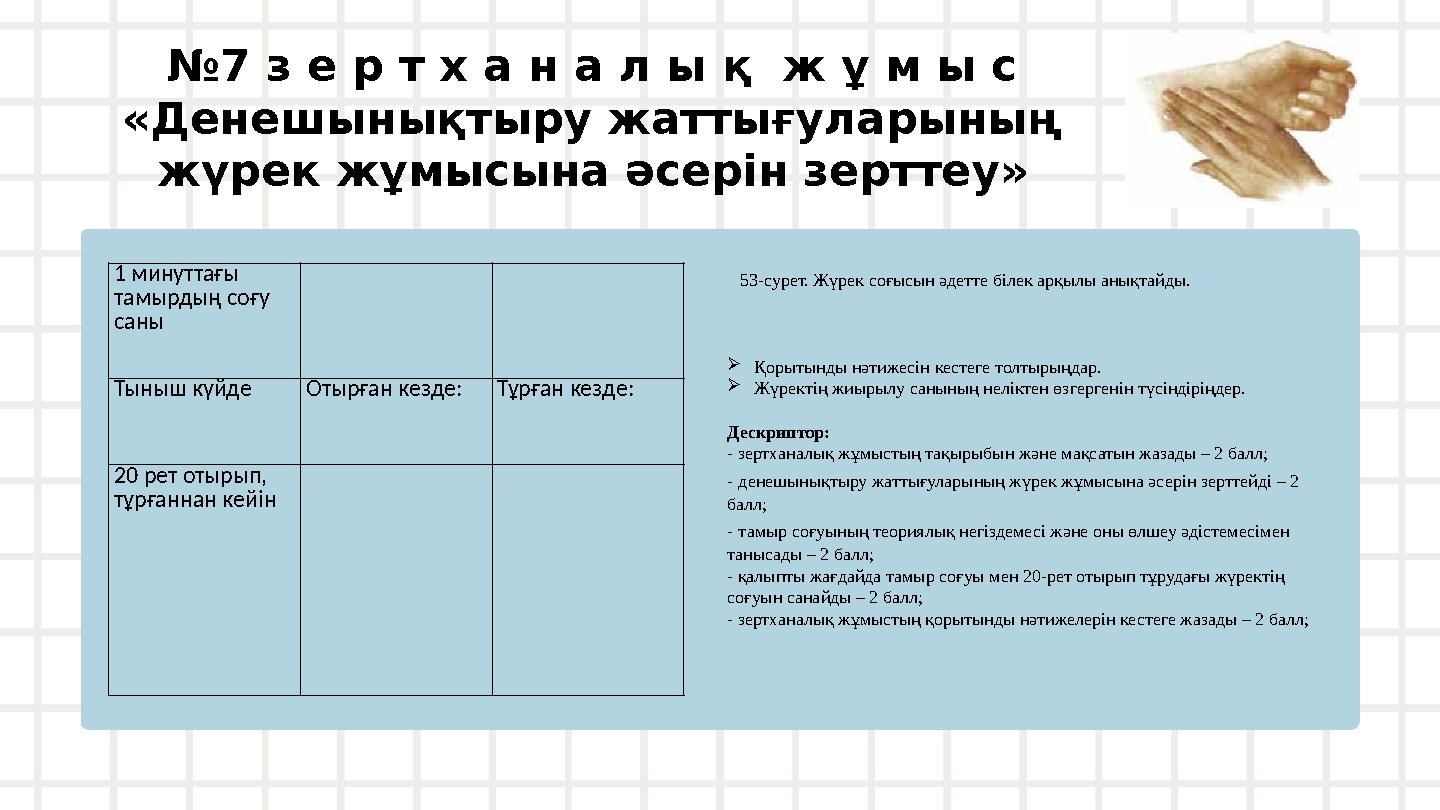 №7 з е р т х а н а л ы қ ж ұ м ы с «Денешынықтыру жаттығуларының жүрек жұмысына әсерін зерттеу» 1 минуттағы тамырдың соғу са
