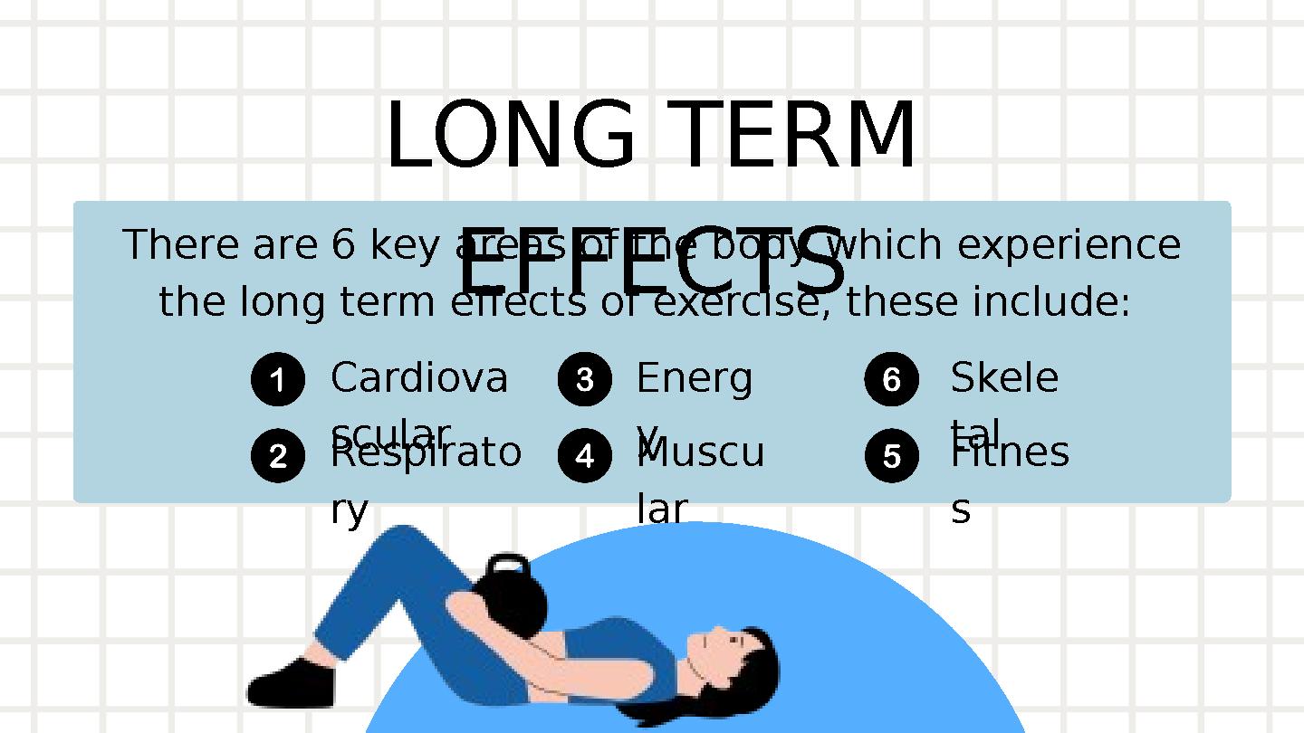 LONG TERM EFFECTS There are 6 key areas of the body which experience the long term effects of exercise, these include: Cardio