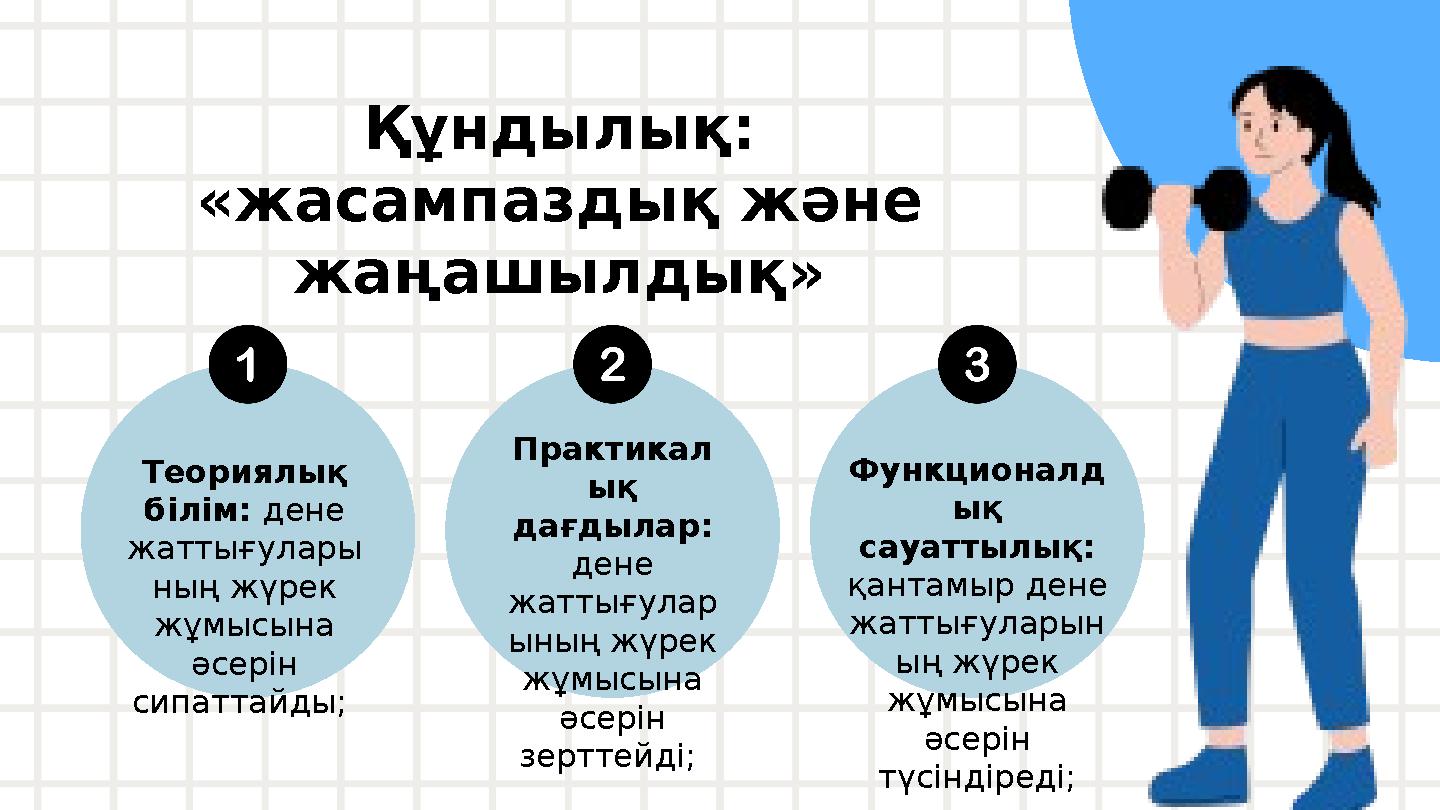 Құндылық: «жасампаздық және жаңашылдық» Теориялық білім: дене жаттығулары ның жүрек жұмысына әсерін сипаттайды; Практикал