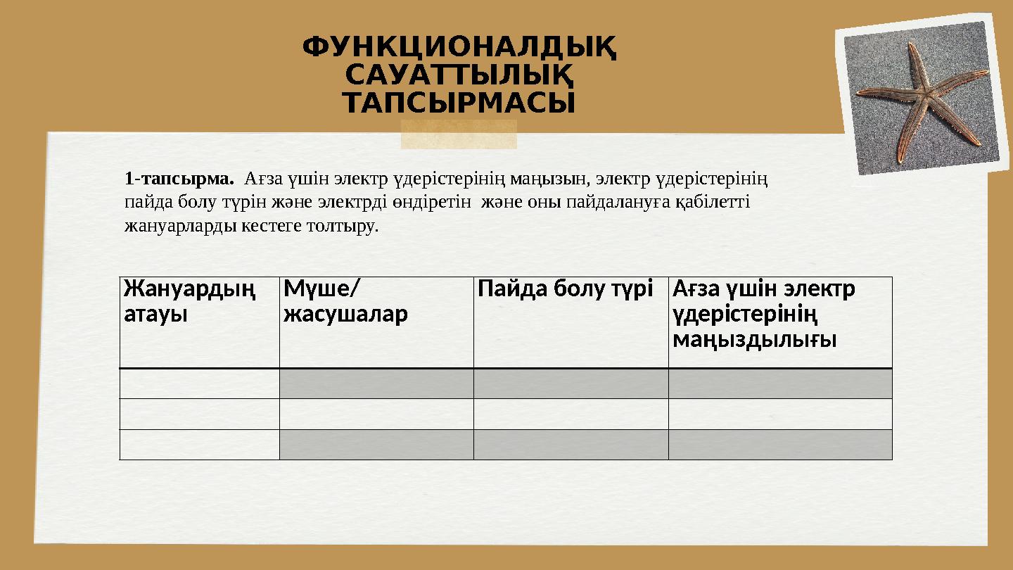 ФУНКЦИОНАЛДЫҚ САУАТТЫЛЫҚ ТАПСЫРМАСЫ 1-тапсырма. Ағза үшін электр үдерістерінің маңызын, электр үдерістерінің пайда болу түрі