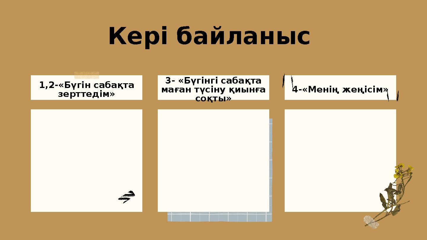1,2-«Бүгін сабақта зерттедім» 4-«Менің жеңісім» Кері байланыс 3- «Бүгінгі сабақта маған түсіну қиынға соқты»