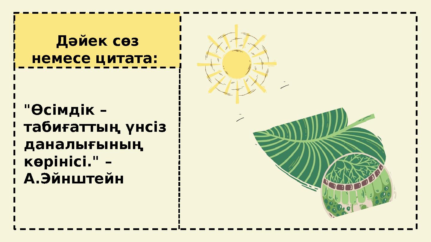 Дәйек сөз немесе цитата: "Өсімдік – табиғаттың үнсіз даналығының көрінісі." – А.Эйнштейн