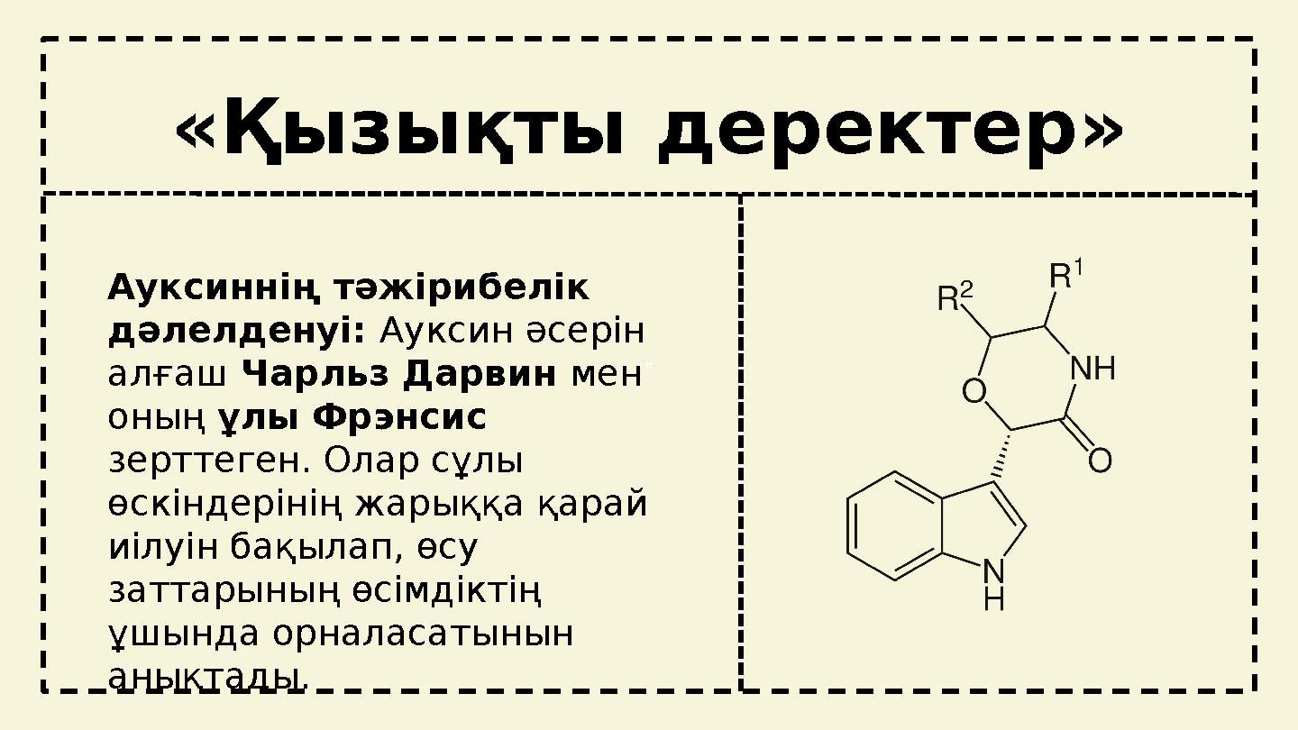 tt «Қызықты деректер» Ауксиннің тәжірибелік дәлелденуі: Ауксин әсерін алғаш Чарльз Дарвин мен оның ұлы Фрэнсис зерттеген. Ол