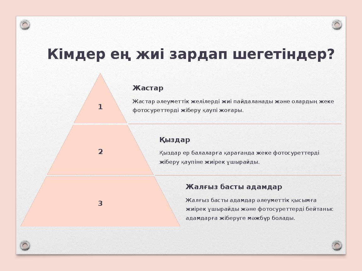 Кімдер ең жиі зардап шегетін дер? 1 Жастар Жастар әлеуметтік желілерді жиі пайдаланады және олардың жеке фотосуреттерді жіберу