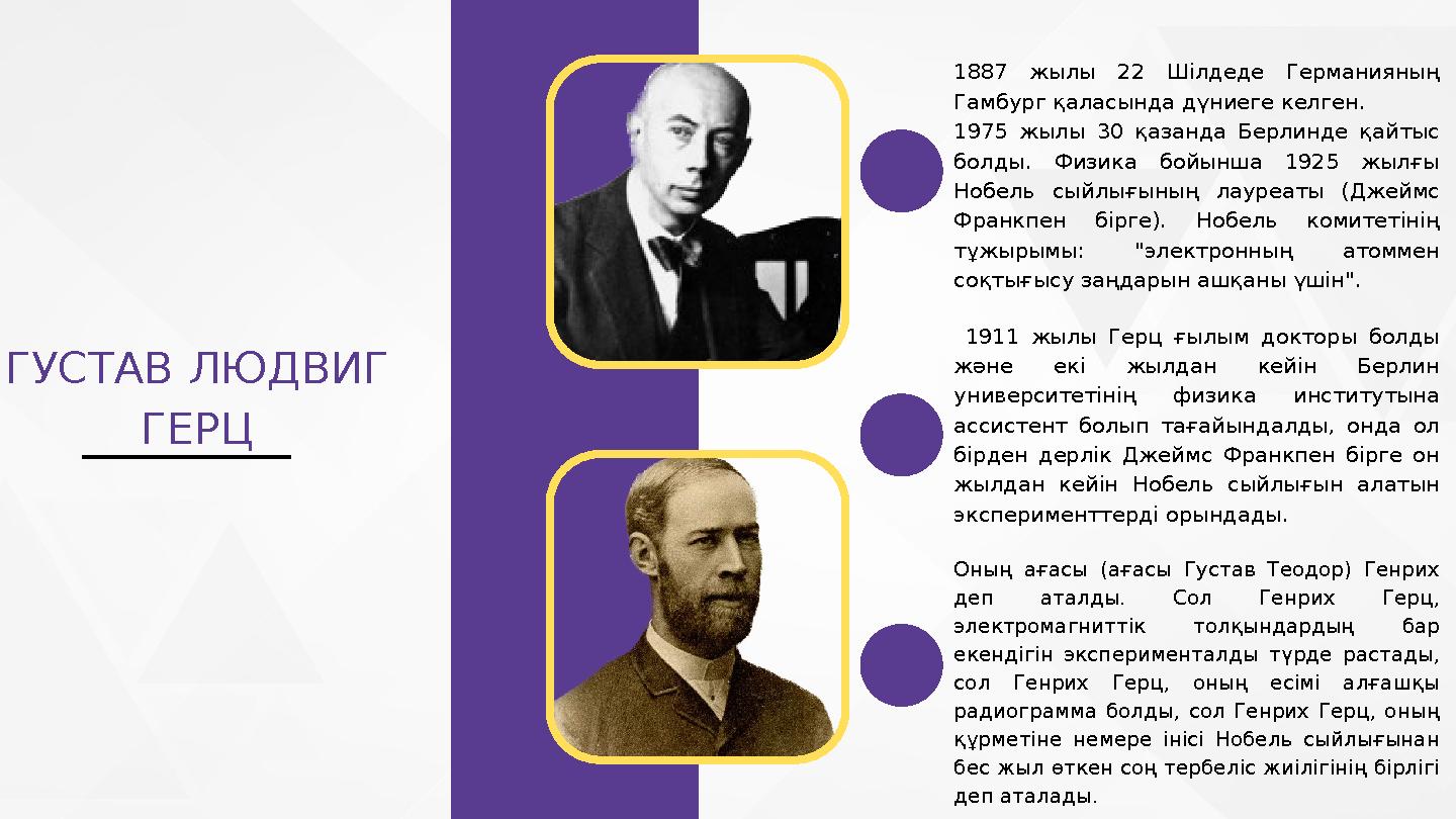 ГУСТАВ ЛЮДВИГ ГЕРЦ 1887 жылы 22 Шілдеде Германияның Гамбург қаласында дүниеге келген. 1975 жылы 30 қазанда Берлинде қайтыс бо